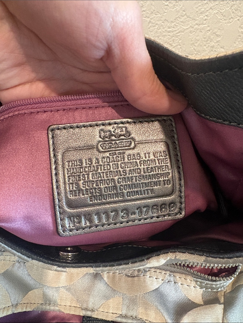 Coach Madison Maggie Shoulder Bag features a beige and silver signature - Picture 8 of 16